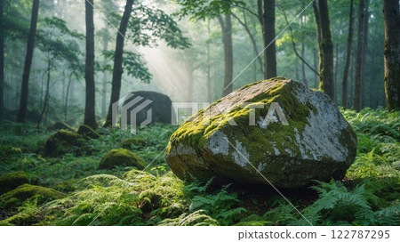 A tranquil forest scene featuring a large moss-covered rock surrounded by lush green ferns and towering trees. Sunlight filters through the mist, creating a peaceful and mystical atmosphere 122787295