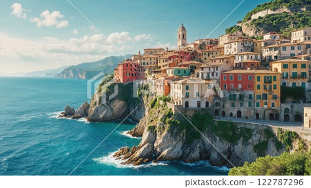 A charming Italian coastal village perched on rocky cliffs, overlooking the turquoise sea. Historic colorful houses stacked together, with breathtaking views of the Mediterranean landscape A charming Italian coastal village perched on rocky cliffs, overlooking the turquoise sea. Historic colorful houses stacked together, with breathtaking views of the Mediterranean landscape 122787296