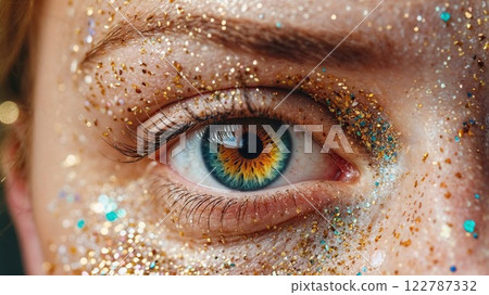 close-up of a human eye with sparkling gold and blue glitter around it, creating a captivating, glamorous look. Perfect for beauty, fashion, or makeup photography 122787332