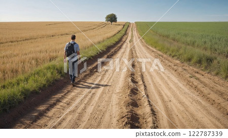 man walks along a dirt road through golden wheat fields and lush green pastures, embodying tranquility and the simplicity of nature's beauty in rural landscapes man walks along a dirt road through golden wheat fields and lush green pastures, embodying tranquility and the simplicity of nature's beauty in rural landscapes 122787339