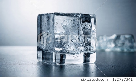 Crystal-clear ice cube resting on a smooth surface, with intricate details of bubbles and frost, perfect for drinks, cocktails, and refreshment themes 122787341