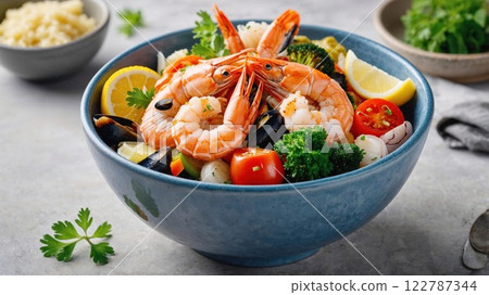 bowl of fresh seafood, including shrimp, mussels, and vegetables, garnished with lemon wedges and parsley, capturing delicious coastal cuisine bowl of fresh seafood, including shrimp, mussels, and vegetables, garnished with lemon wedges and parsley, capturing delicious coastal cuisine 122787344