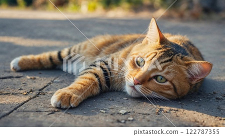 orange tabby cat resting lazily on a sunlit pavement, capturing the tranquility and charm of feline life in a peaceful outdoor setting 122787355