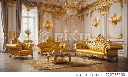 Luxurious golden furniture in an opulent, classically styled room with a chandelier, exuding an air of elegance and royal charm, perfect for a grand palace or historic estate Luxurious golden furniture in an opulent, classically styled room with a chandelier, exuding an air of elegance and royal charm, perfect for a grand palace or historic estate 122787360