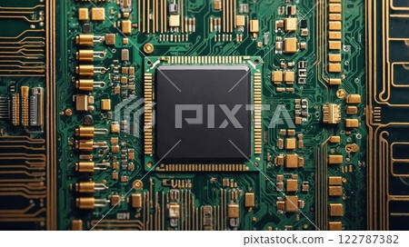close-up of a circuit board showcasing intricate gold and green patterns, microchips, and electronic components, ideal for technology and innovation visuals 122787382