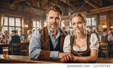 A couple dressed in traditional attire, posing together in a rustic pub, filled with wooden elements and a cozy, lively atmosphere, perfect for an authentic cultural experience 122787383