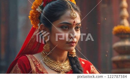 woman wearing traditional Indian bridal attire, adorned with gold jewelry and vibrant red fabric, representing cultural elegance and heritage woman wearing traditional Indian bridal attire, adorned with gold jewelry and vibrant red fabric, representing cultural elegance and heritage 122787384