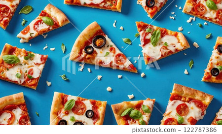 flat-lay of delicious pizza slices topped with fresh basil, olives, and cherry tomatoes on a bold blue background, celebrating vibrant Italian flavors flat-lay of delicious pizza slices topped with fresh basil, olives, and cherry tomatoes on a bold blue background, celebrating vibrant Italian flavors 122787386