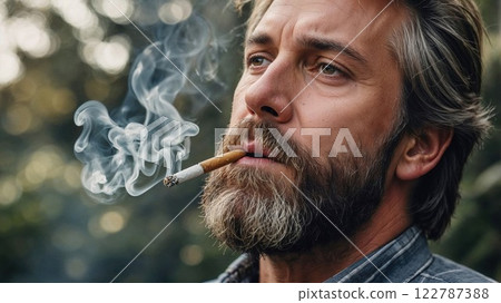 man with a rugged beard smokes a cigarette outdoors, surrounded by soft, blurred bokeh, capturing a moment of reflection and solitude 122787388