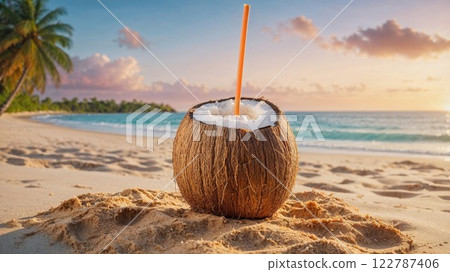 fresh coconut drink with a straw rests on golden sand by the ocean, framed by a palm tree and a vibrant tropical sunset, evoking relaxation and paradise vibes fresh coconut drink with a straw rests on golden sand by the ocean, framed by a palm tree and a vibrant tropical sunset, evoking relaxation and paradise vibes 122787406