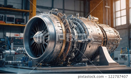 powerful jet engine, showcasing the intricate metallic components and precision engineering. The shiny surface and complex machinery evoke a sense of technological advancement and aerospace innovation 122787407