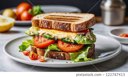 sandwich stacked with fresh lettuce, ripe tomatoes, cucumber slices, melted cheese, and grilled bread, served on a white plate for a perfect healthy meal sandwich stacked with fresh lettuce, ripe tomatoes, cucumber slices, melted cheese, and grilled bread, served on a white plate for a perfect healthy meal 122787413