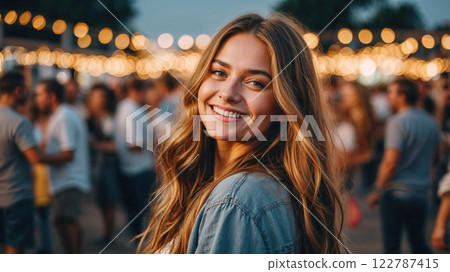 young woman with flowing hair smiles brightly at an outdoor gathering, with string lights and a festive crowd creating a warm and vibrant ambiance 122787415