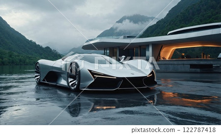futuristic white supercar parked on a sleek, rain-soaked surface by a modern lakeside villa, blending cutting-edge design with nature's tranquil beauty 122787418