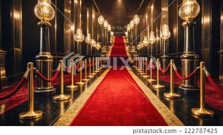 grand, elegant hallway leading to a luxurious event with a red carpet, golden ropes, and vintage lamps, setting a glamorous atmosphere for high-profile events, celebrity red carpet moments, and VIP 122787425