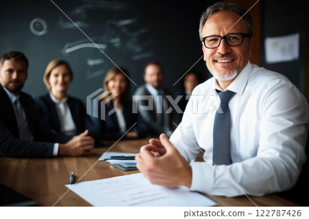 Professional team in meeting with smiling business leader at conference table 122787426