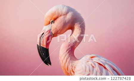 graceful flamingo captured in stunning detail, showcasing its vibrant pink feathers and long elegant neck, ideal for birdwatching, wildlife photography, and exotic animal imagery 122787428