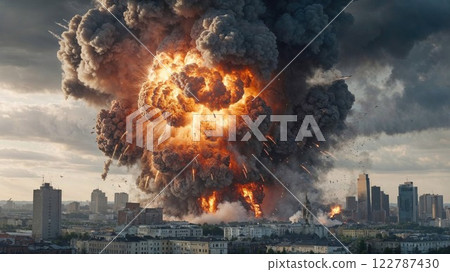 dramatic image of a large explosion erupting in an urban setting, with intense smoke, fire, and debris, ideal for action, disaster, or cinematic scenes 122787430