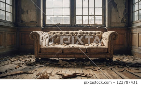 vintage, worn-out couch surrounded by debris and peeling walls in an abandoned room, creating a poignant, nostalgic atmosphere perfect for decay, dereliction, and urban exploration photography 122787431