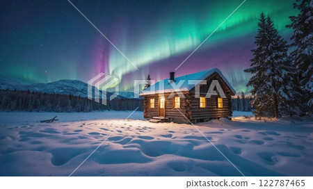 wooden cabin glows warmly amidst a snowy landscape, with vibrant green and purple northern lights illuminating the starry winter night sky wooden cabin glows warmly amidst a snowy landscape, with vibrant green and purple northern lights illuminating the starry winter night sky 122787465
