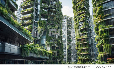 Futuristic eco-friendly skyscrapers covered in lush greenery and vertical gardens, showcasing sustainable urban living in harmony with nature's beauty 122787466