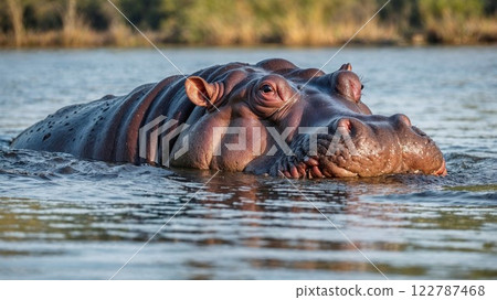 hippo emerges from calm waters, its textured skin glistening under the sunlight, set against a backdrop of lush vegetation and serene natural surroundings 122787468