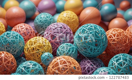collection of vibrant, woven decorative spheres in pastel and bright colors creates a captivating blend of texture and design, perfect for modern art or home decor themes collection of vibrant, woven decorative spheres in pastel and bright colors creates a captivating blend of texture and design, perfect for modern art or home decor themes 122787483