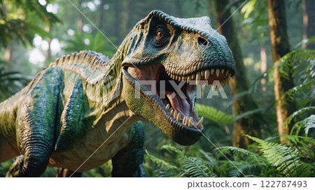 roaring dinosaur with sharp teeth in a lush prehistoric jungle setting, showcasing raw power and ancient mystery roaring dinosaur with sharp teeth in a lush prehistoric jungle setting, showcasing raw power and ancient mystery 122787493