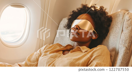 Woman sleeping on airplane with eye mask, relaxed travel concept Woman sleeping on airplane with eye mask, relaxed travel concept 122787550