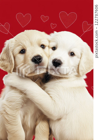 Two fluffy puppies cuddling, with color background, St Valentines Day postcard 122787606