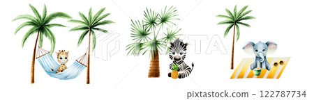 Cute baby set with giraffe on striped hanging hammock with Green palm trees, elephant with coconut under palm. Lazy summer clipart. Watercolor hand drawn floral jungle illustration isolated on Cute baby set with giraffe on striped hanging hammock with Green palm trees, elephant with coconut under palm. Lazy summer clipart. Watercolor hand drawn floral jungle illustration isolated on 122787734