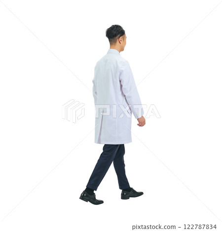 The back view of a middle-aged male doctor, scientist, or researcher in a white coat walking. A transparent full-body photo PNG precisely cut by hand 122787834