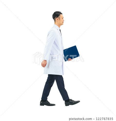 A middle-aged male doctor, scientist, or researcher in a walking white coat. A transparent full-body photo PNG with a precisely cut background by hand. 122787835
