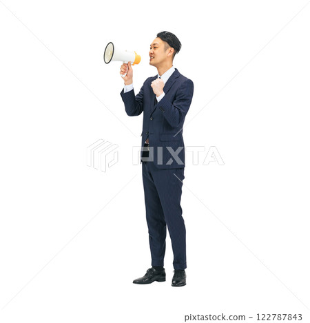 Middle-aged male business person calling out through a loudspeaker. Full-body photo PNG with transparent background precisely cut out by hand. 122787843