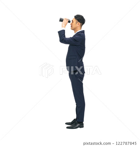 A middle-aged male business person looking into the distance with binoculars. A transparent full-body photo PNG precisely cut by hand 122787845