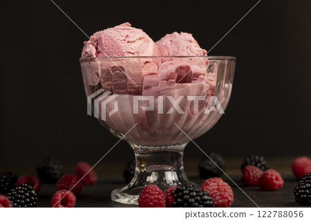 delicious sweet cold raspberry flavored ice cream and ripe raspberries in a glass 122788056