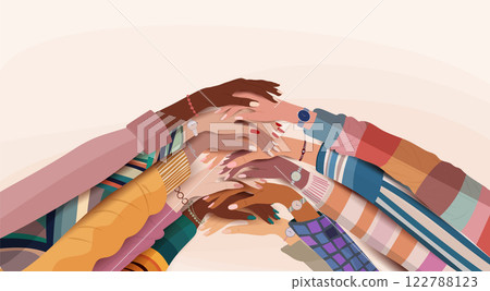 Hands stacked group of multicultural women.Diversity - inclusion - equality or empowerment. International women s day. Banner copy space 122788123