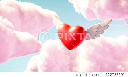 Red Winged Heart Flying in the Sky Among Clouds, Symbol of Love and Freedom 122788201