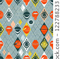 Seamless retro-inspired argyle pattern featuring stylized eyes and lips in bold orange, black, and yellow tones, with a geometric diamond layout. For modern graphic design, fashion, creative projects Seamless retro-inspired argyle pattern featuring stylized eyes and lips in bold orange, black, and yellow tones, with a geometric diamond layout. For modern graphic design, fashion, creative projects 122788233