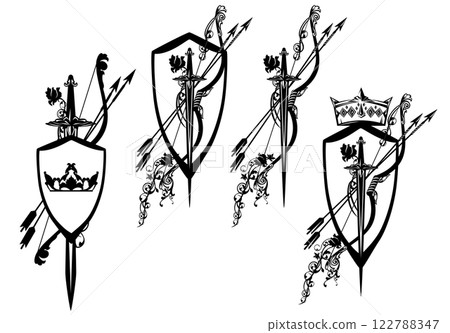 fantasy knight sword, bow, arrows and rose flowers with royal crown coat of arms shield vector design set 122788347