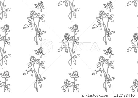 Line art botanical abstract seamless plant pattern with Clover wildflowers vector illustration. Black and white outline repeating floral background. Graphic design for Wallpaper Textile Cover Birthday Line art botanical abstract seamless plant pattern with Clover wildflowers vector illustration. Black and white outline repeating floral background. Graphic design for Wallpaper Textile Cover Birthday 122788410