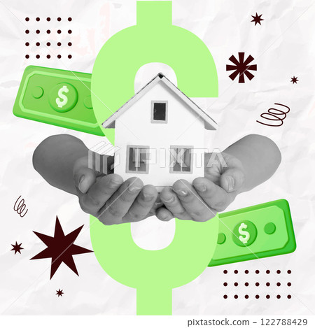 Real estate investment concept featuring house and cash in hands, vector illustration 122788429