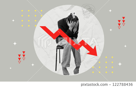 Collage of a person experiencing stress and anxiety with downward trend indicators, vector illustration Collage of a person experiencing stress and anxiety with downward trend indicators, vector illustration 122788436