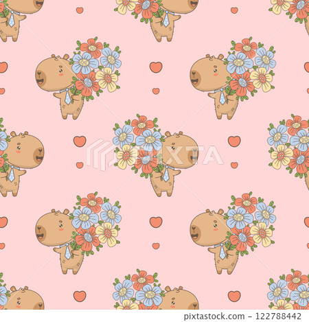 Seamless Pattern with Cute Capybara Holding Bouquet of Flowers on Pink Background with Hearts. Vector illustration. Kids collection Seamless Pattern with Cute Capybara Holding Bouquet of Flowers on Pink Background with Hearts. Vector illustration. Kids collection 122788442