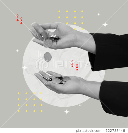 Collage of hands exchanging coins symbolizing transactions and financial exchange, vector illustration 122788446