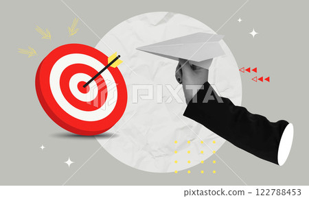 Hand launching a paper plane towards a target in a creative collage style for goal-setting themes, vector illustration 122788453