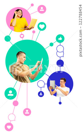 Three users actively participating in digital communication through smartphones and tablets within interconnected nodes 122788454