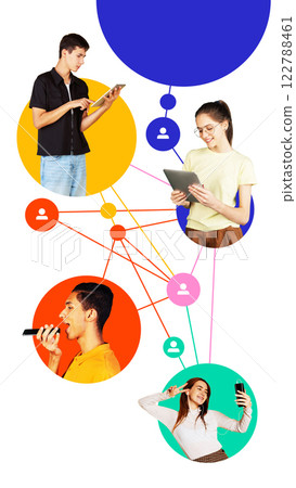 Group of digitally engaged people connected by lines, interacting through selfies, voice messages, and tablets, symbolizing online interaction 122788461
