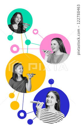 Four young women using smartphones in connected colorful circles, symbolizing vibrant social media communication 122788463