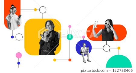 Group of diverse users engaging with devices, including smartphones and tablets, within network lines and colorful speech bubbles 122788466